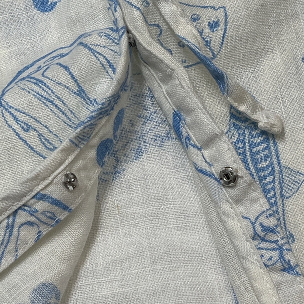 Cynthia Rowley Top White Linen Blue Italian Wine Print L Euro Summer Vacation - Picture 7 of 16